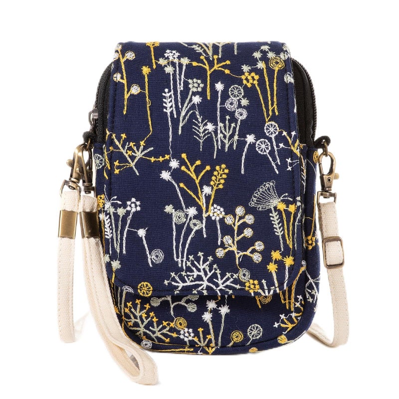 Goodhan Embroidery Flowers Canvas Crossbody Bag, Women Messenger Bag, Cellphone Pouch Purse (Blue) - Image 1